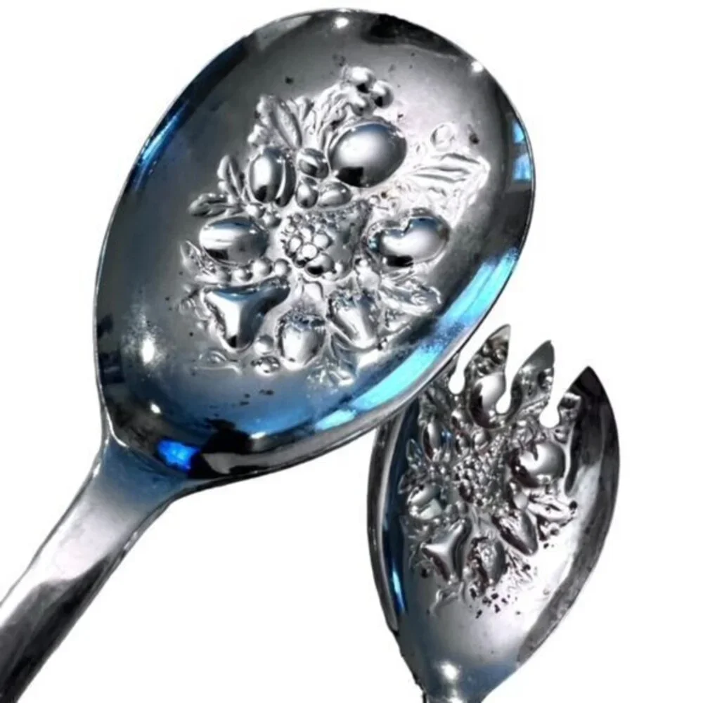 Vintage Sheffield England Embossed‎ Silver Plate Salad Serving Fork & Spoon 9.5